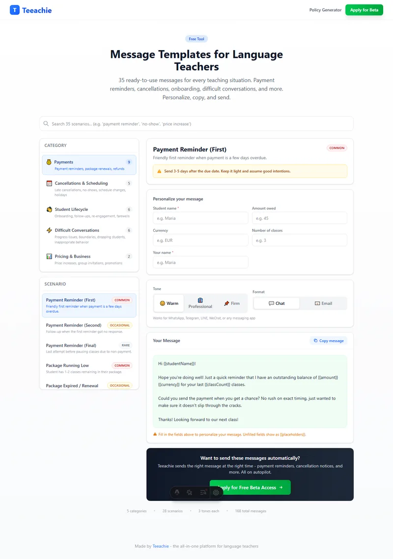 Message Generator for language teachers