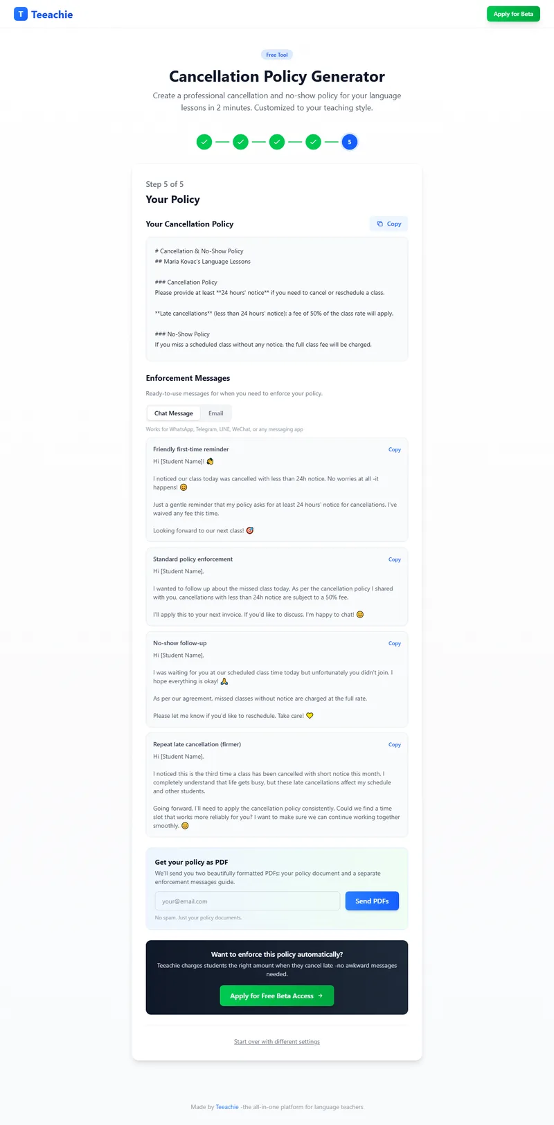 Generated cancellation policy and enforcement messages