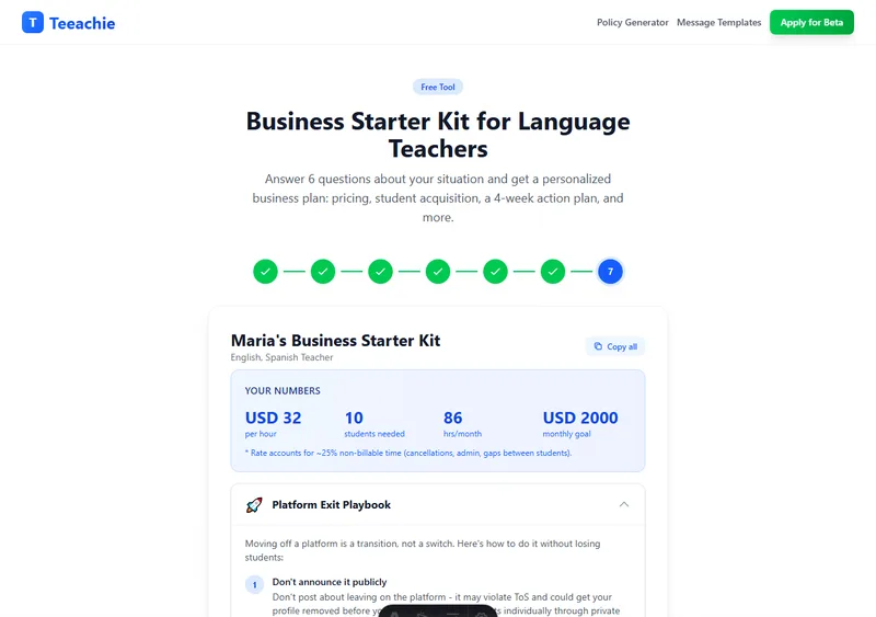 Generated starter kit with personalized pricing and action plan
