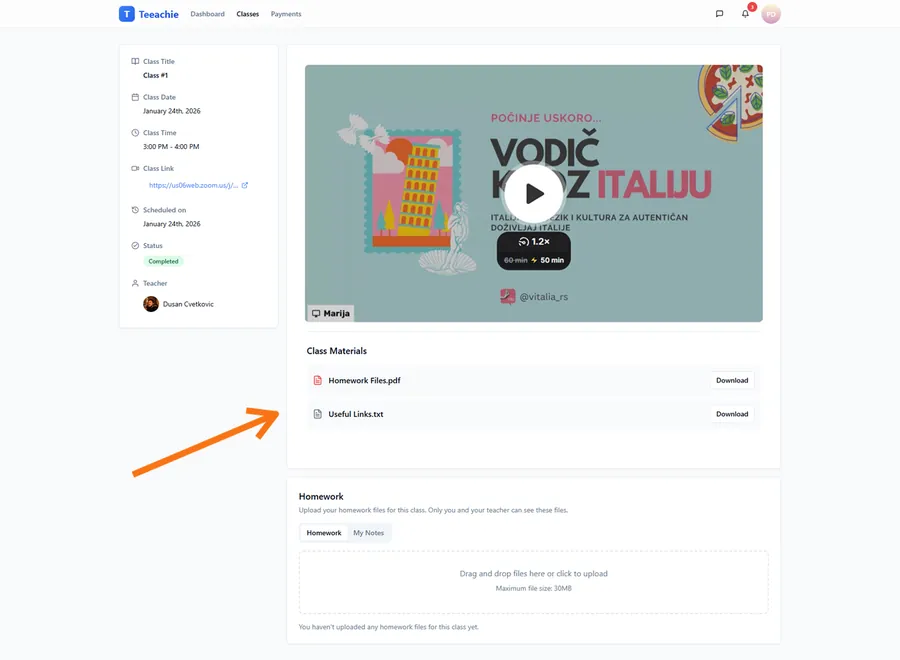 Class page with materials
