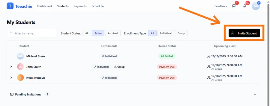 Students page with Add Student button