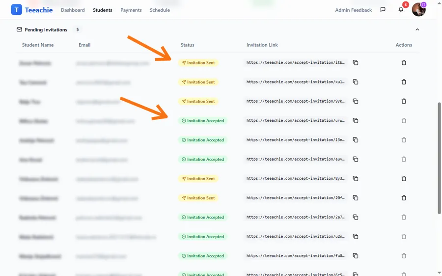 Pending invitations section