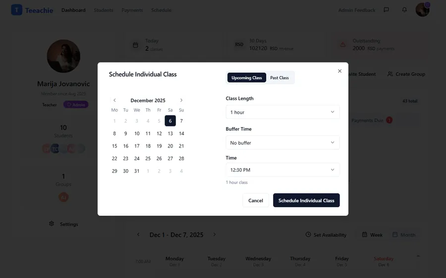 Schedule dialog with options