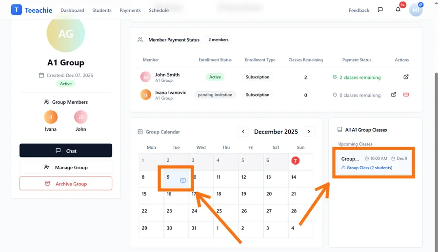 Group class on calendar