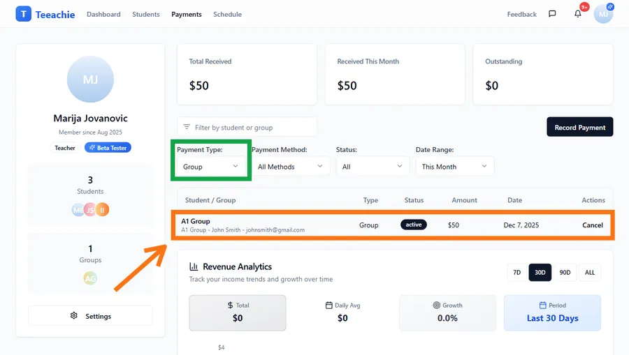 Group payment history