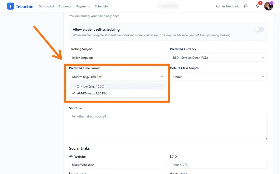 Time format selection